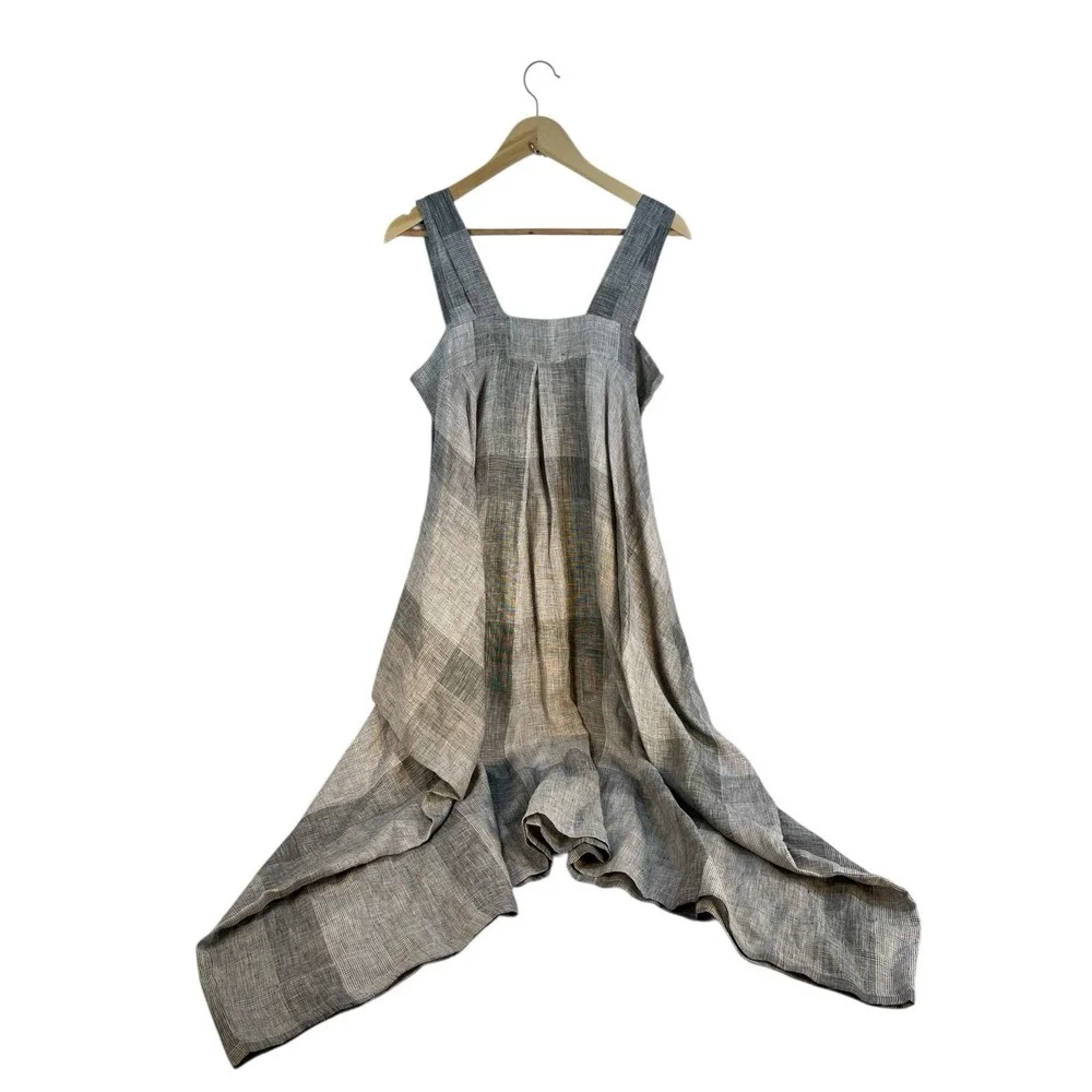 Meg Shop sleeveless box shape plaid print linen dress oversized L - Picture 6 of 11